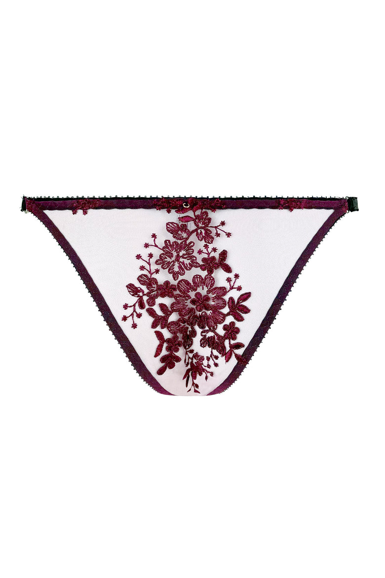 Close-up view of Edge o' Beyond Paola Brief with burgundy embroidery, scalloped edges + 24k gold-plated hardware.