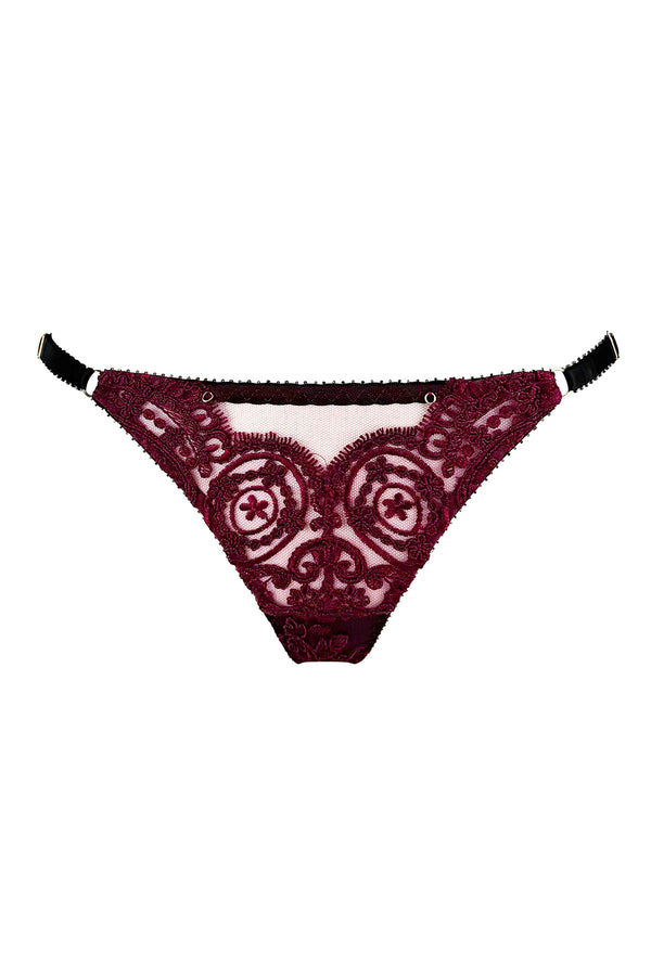 Edge o' Beyond Paola Brief with burgundy embroidery, scalloped edges + 24k gold-plated hardware.