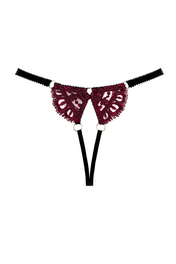 Back view of Edge o' Beyond Paola Thong with burgundy embroidery, scalloped edges + 24k gold-plated hardware.