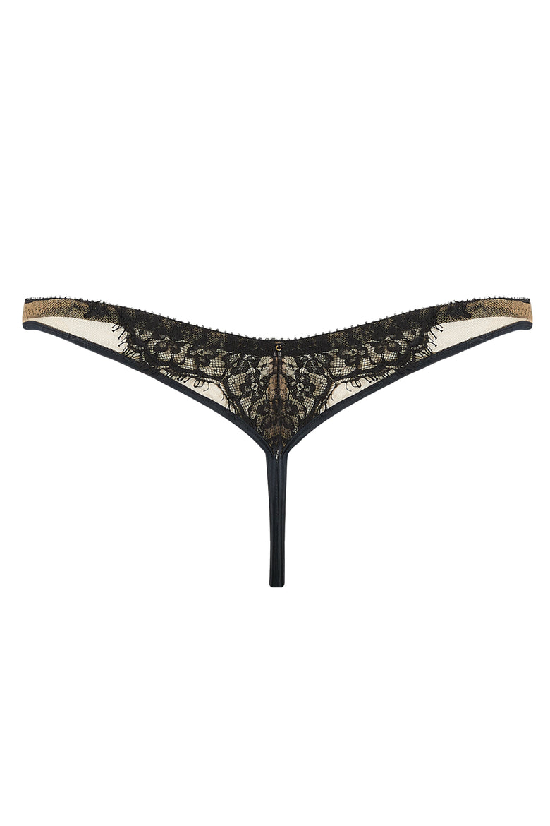 Designed with dramatic cut outs, satin bound edges and a fishnet style scalloped lace, the Kathryn thong plays with positive and negative space to create high drama lingerie. Back view cut out image