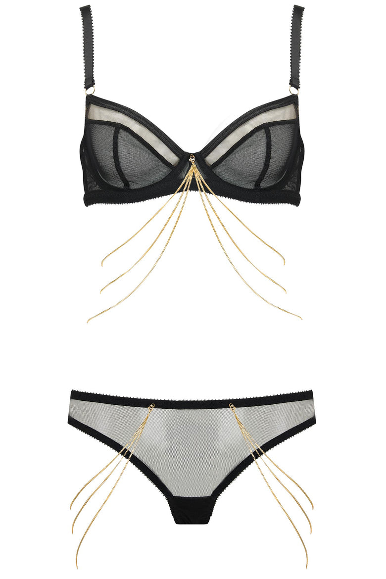 Edge o’ Beyond sheer Marinette brief is the perfect blank canvas underwear set for our gold jewellery. Shown with bra and Benjamin and Joshua lingerie chains