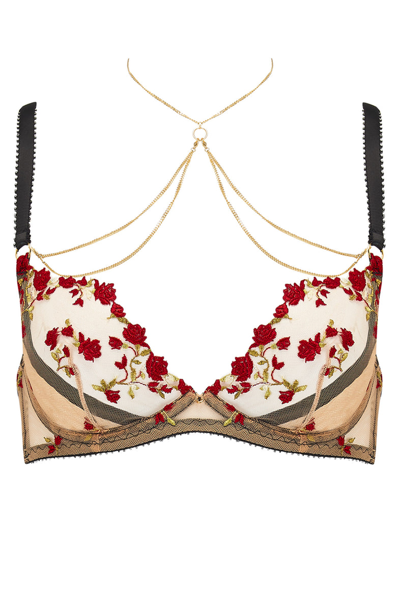 Charlotte Bra Red Rose Lingerie Embroidered Set with James 18k Gold Plated Chain Necklace