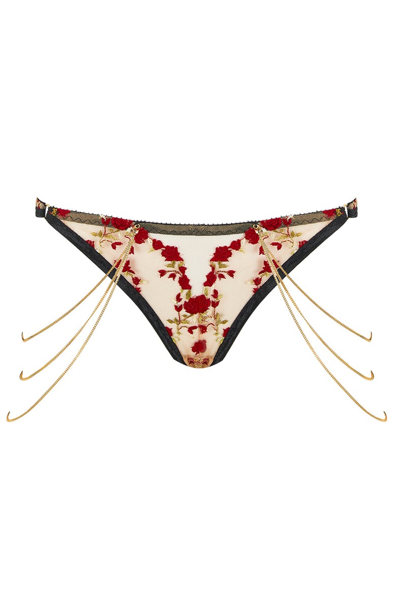 Charlotte Brief Red Rose Lingerie Embroidery Set with 18k Gold Plated Chain Body Jewellery Joshua