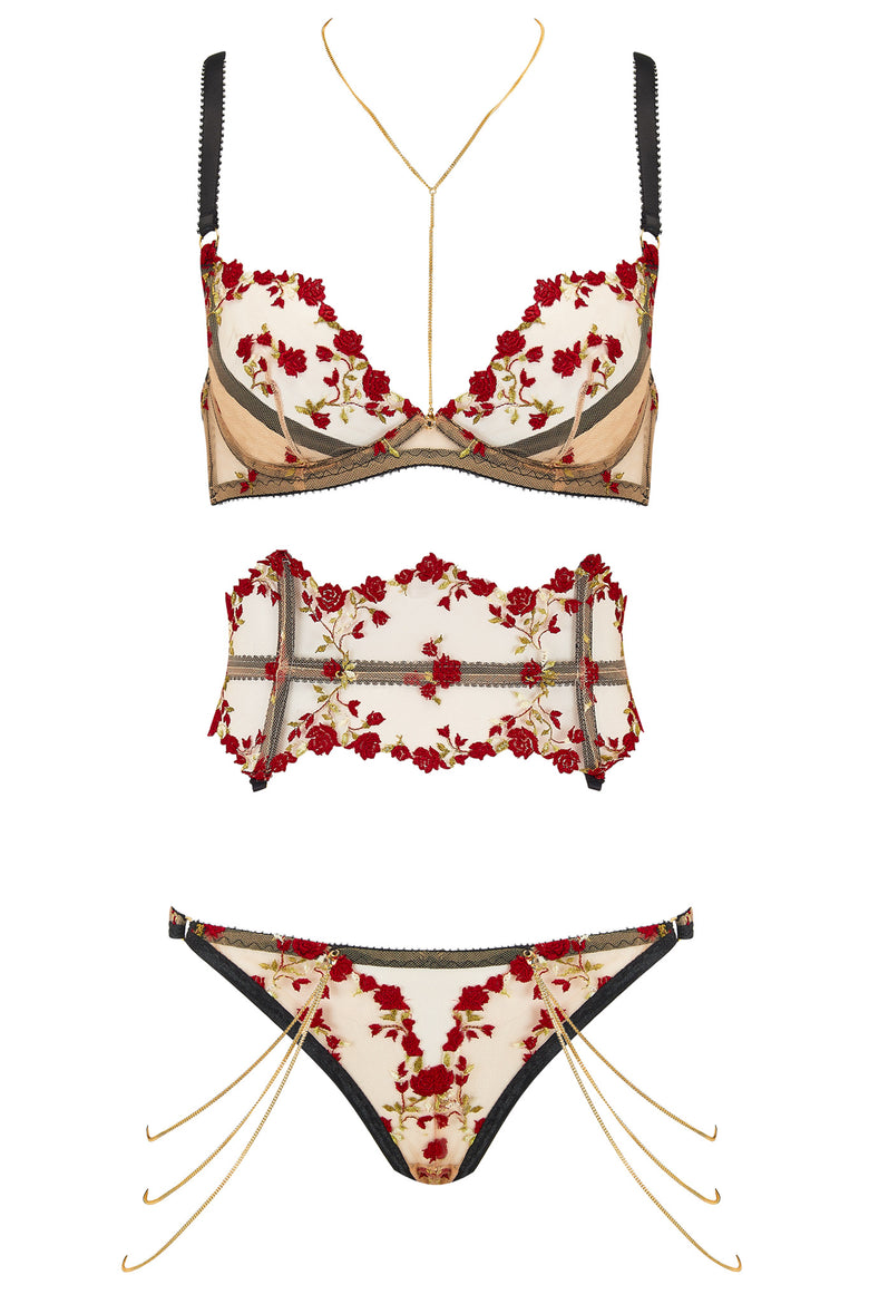 Charlotte Bra Red Rose Lingerie Embroidered Set with Waspie and Brief, 18k Gold Plated Michael and Joshua Chains