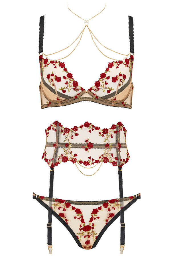 Charlotte Red Rose Floral Embroidery Waspie Suspender with adjustable detachable straps shown with full set bra and brief with 18k gold plated jewellery james and samuel pieces