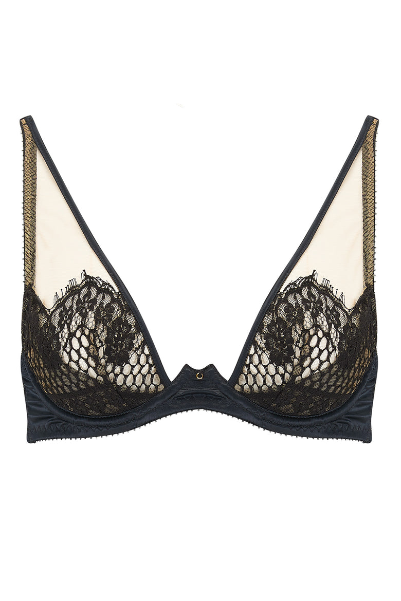 The dramatic peek-a-boo of the lace + black satin Kathryn bra provides full cleavage, light padding and is part of one of Edge o' Beyond's most risqué collections.