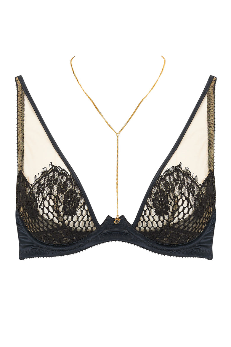 The dramatic peek-a-boo of the lace + black satin Kathryn bra provides full cleavage, light padding and is part of one of Edge o' Beyond's most risqué collections. Shown with 18k fold plated Michael chain\