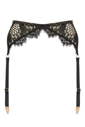 Edge o’ Beyond Kathryn suspender belt features satin bound edges and fishnet-style lace with a scalloped finish for a unique lingerie look.