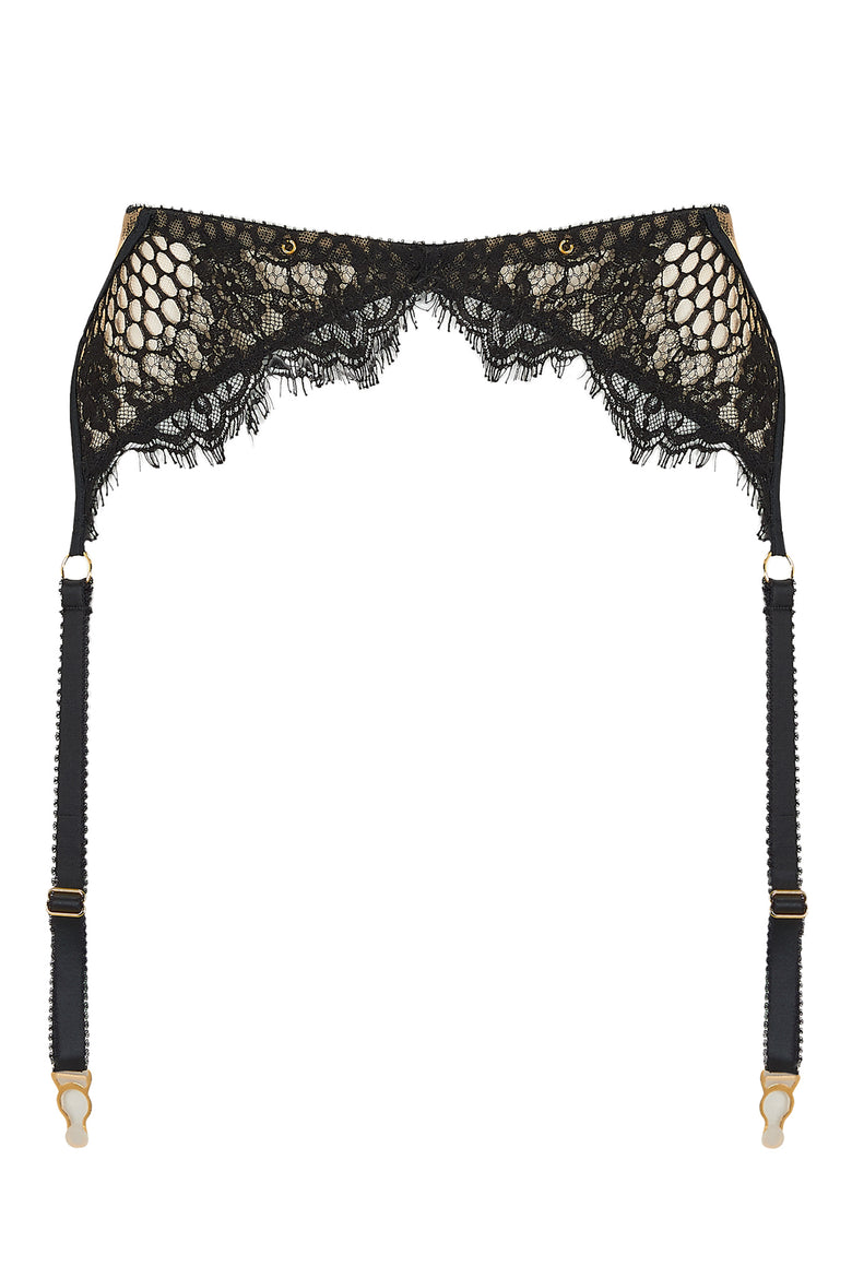 Edge o’ Beyond Kathryn suspender belt features satin bound edges and fishnet-style lace with a scalloped finish for a unique lingerie look.