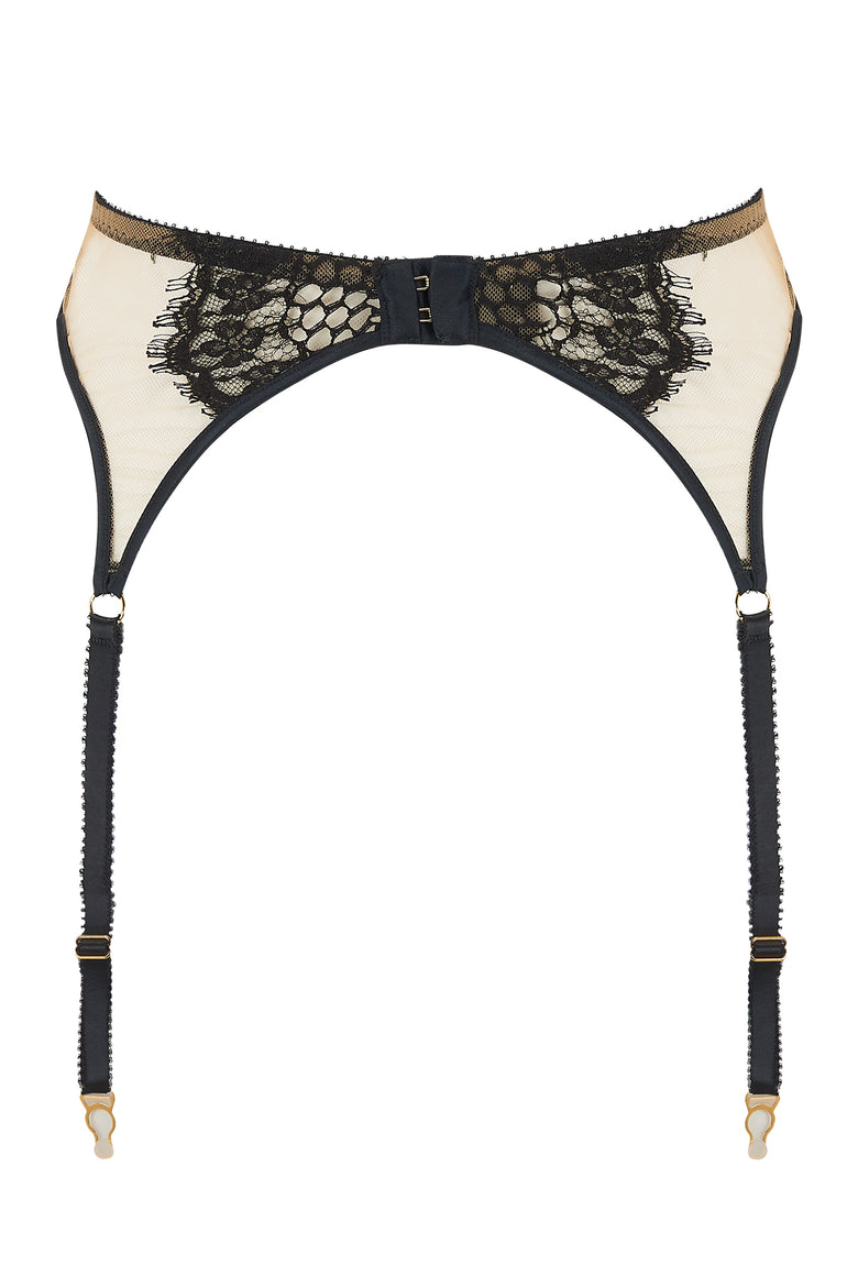 Edge o’ Beyond Kathryn suspender belt features satin bound edges and fishnet-style lace with a scalloped finish for a unique lingerie look. Back view