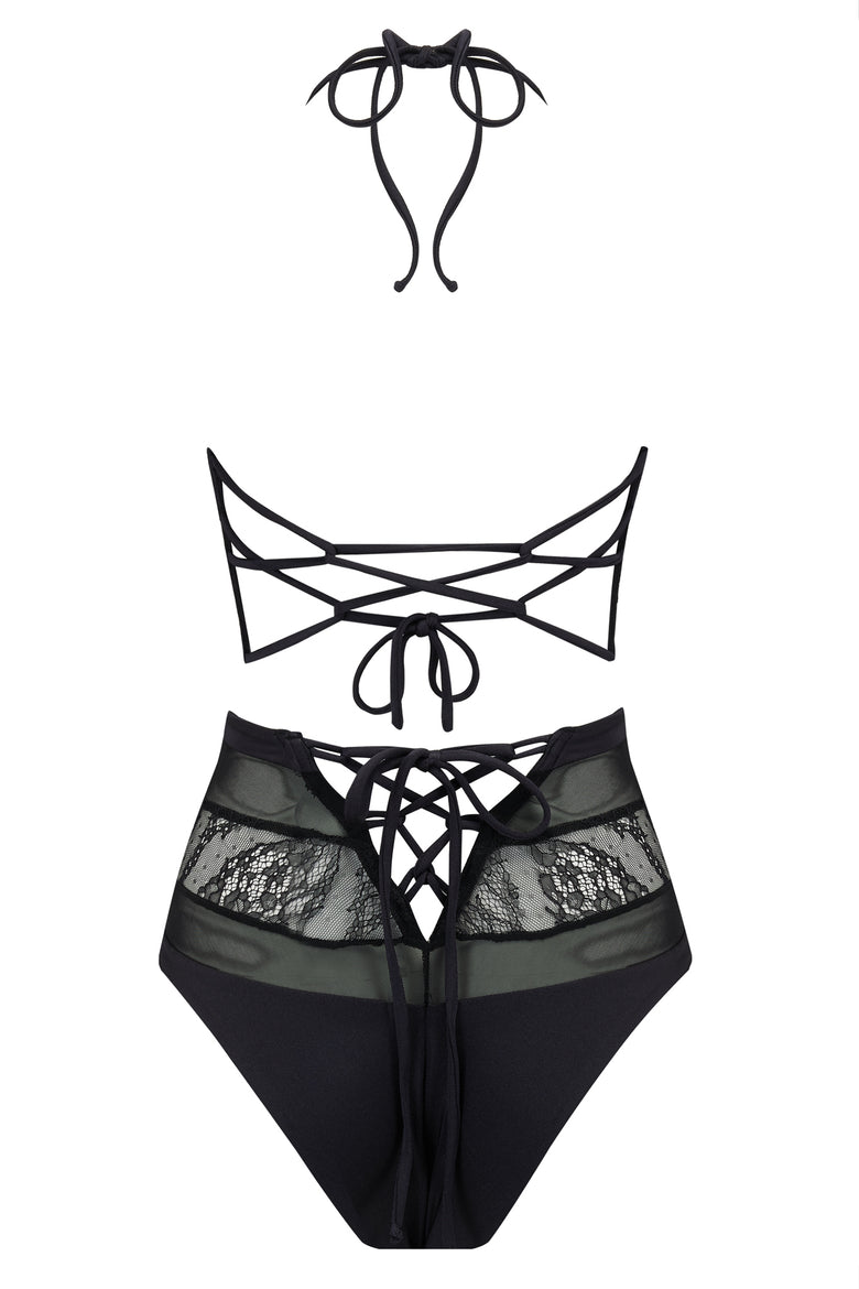 Swimwear created with lace detailing and mesh cut outs, the Stephanie brief is a sports luxe bikini style. Back view showing matching bikini top